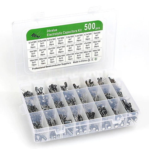 500 pcs 24 Values 0.1 µF - 1000 µF Aluminum Electrolytic Capacitor Kit