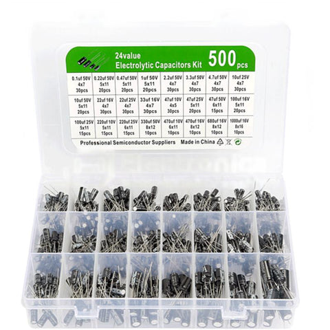 500 pcs 24 Values 0.1 µF - 1000 µF Aluminum Electrolytic Capacitor Kit