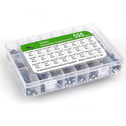 500 pcs 24 Values 0.1 µF - 1000 µF Aluminum Electrolytic Capacitor Kit